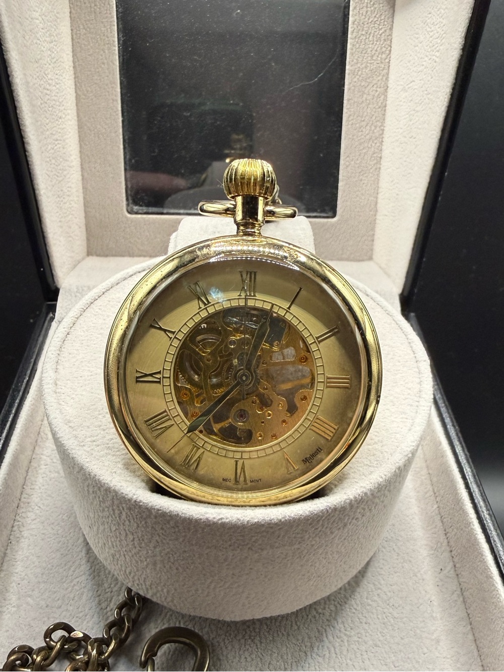 Majesti Gold Mechanical Skeleton Pocket Watch Roman Dial 50.5mm Chain w Fob Clip